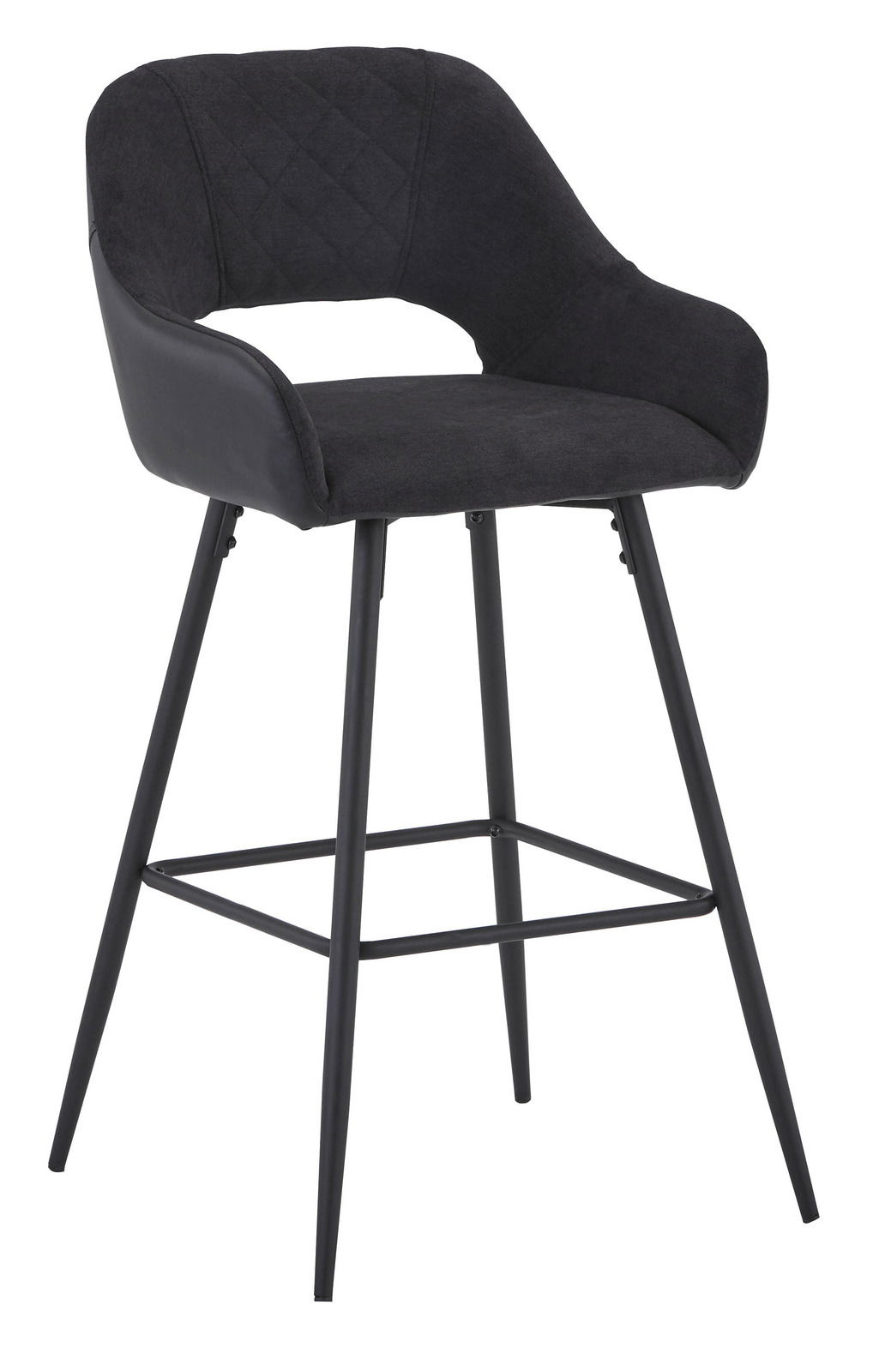 Moderner Barstuhl mit schwarzem Stoffbezug und Metallbeinen, seitliche Perspektive