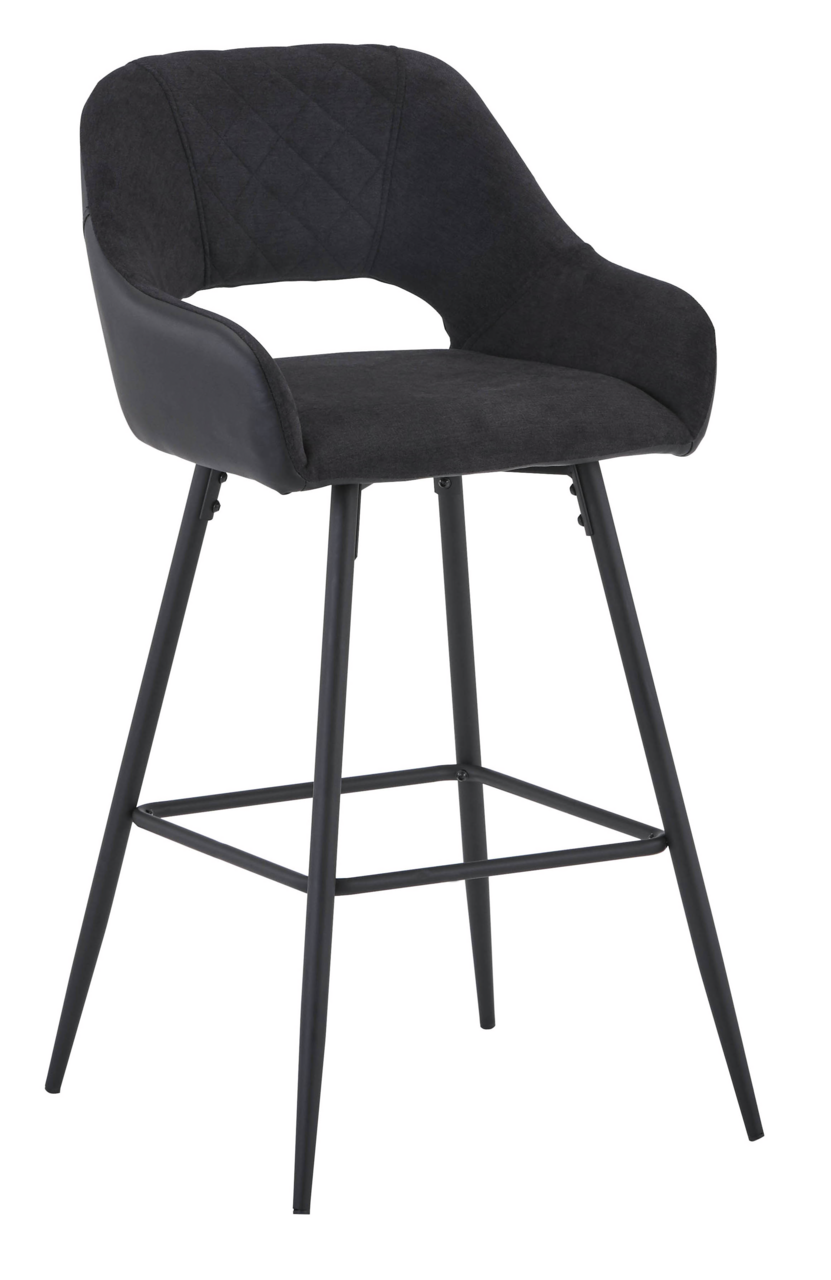 Moderner Barstuhl mit schwarzem Stoffbezug und Metallbeinen, seitliche Perspektive