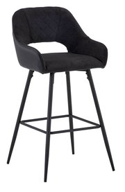Moderner Barstuhl mit schwarzem Stoffbezug und Metallbeinen, seitliche Perspektive