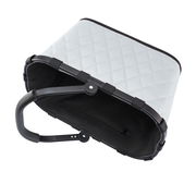 Tragetasche mit rhombenförmigem Muster, von oben betrachtet, mit schwarzem Griff und Rahmen.