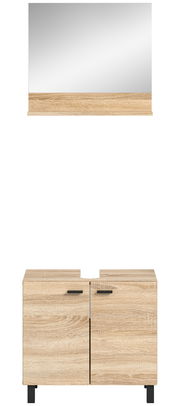 Waschbeckenunterschrank aus Holz in heller Eichenoptik, frontal abgebildet mit zwei Türen und schwarzen Griffen.