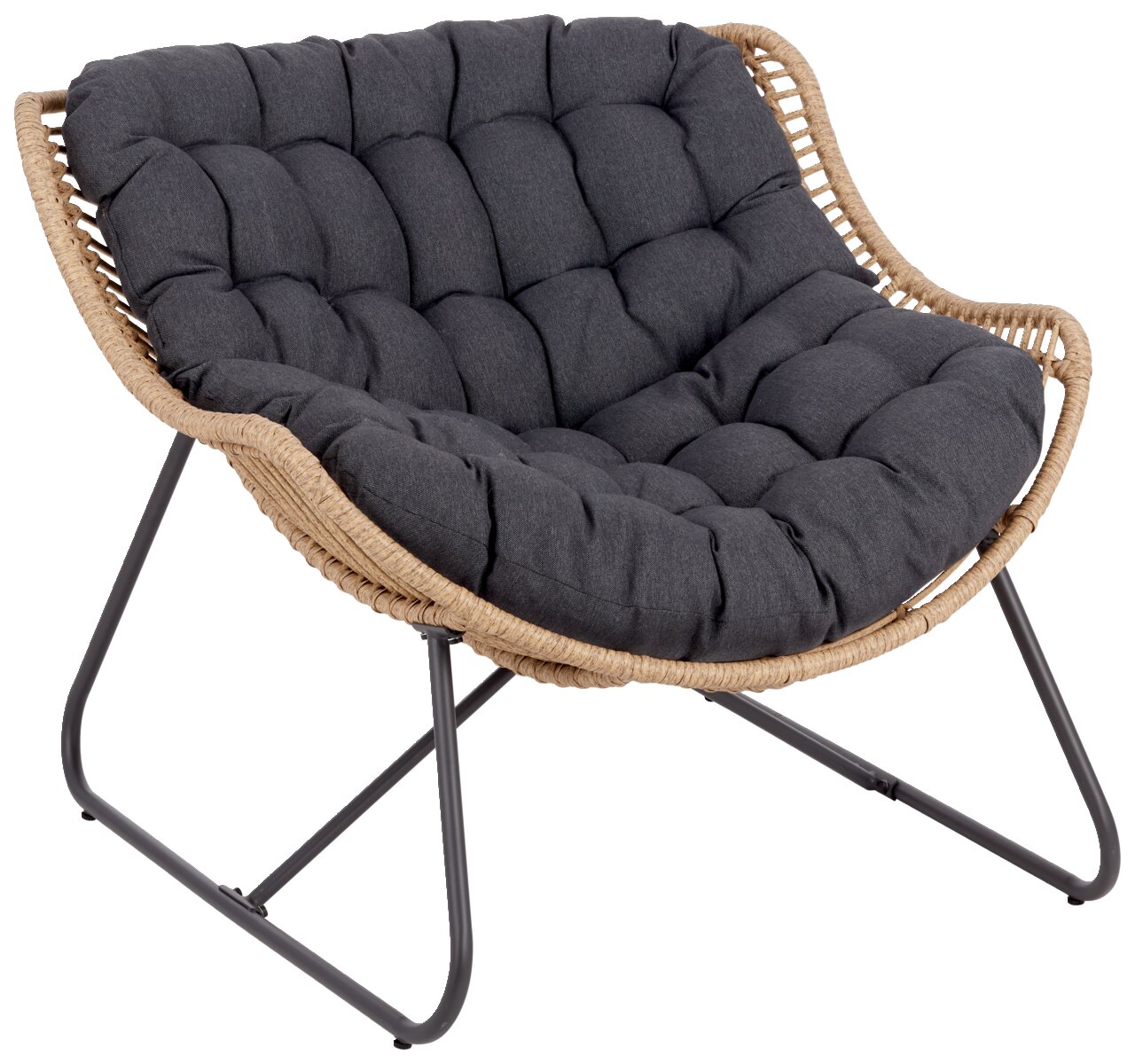 Ambia Garden Relaxfauteuil CHAMBERY Gezellige relaxfauteuil met grijs, gestoffeerd zitkussen en een frame van gevlochten materiaal, gezien vanaf de zijkant.