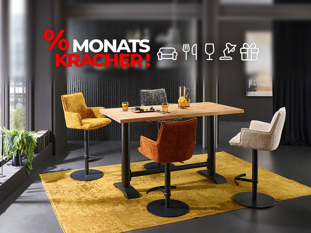 Moderner Essbereich mit Holztisch und Polsterstühlen, beworben als Monatskracher mit Sonderangebot