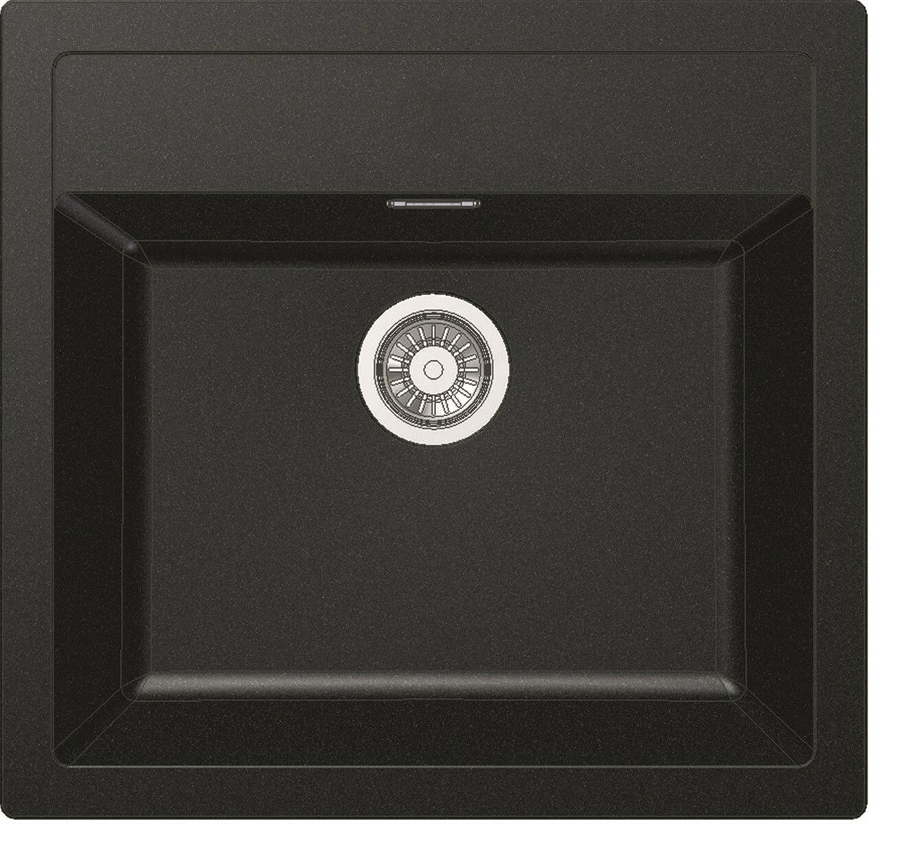 Schwarze Einbauspüle aus der Vogelperspektive mit zentralem Abfluss.