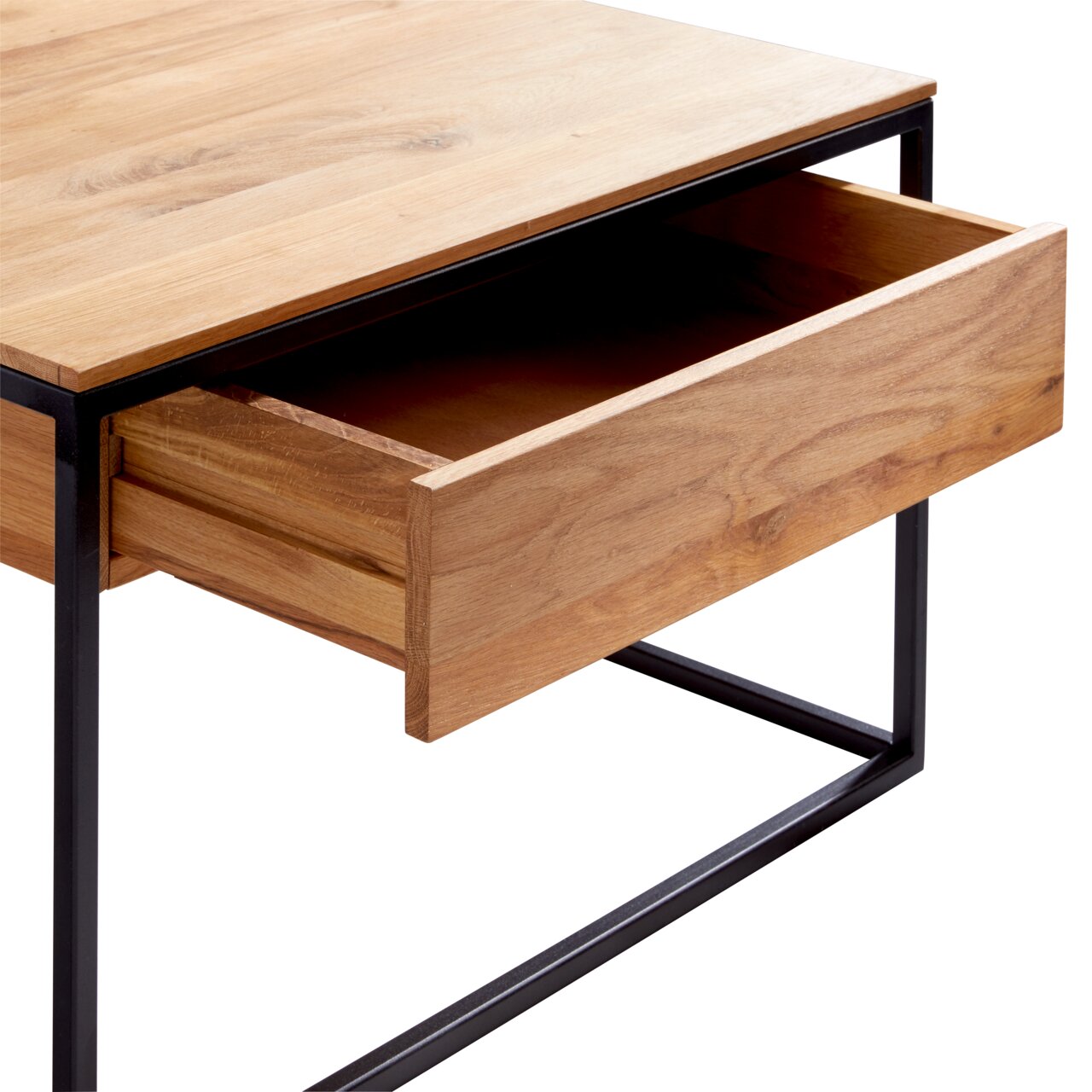 Beistelltisch aus Holz mit schwarzem Metallrahmen, Schublade geöffnet, Perspektive von schräg oben