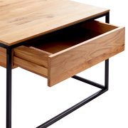 Beistelltisch aus Holz mit schwarzem Metallrahmen, Schublade geöffnet, Perspektive von schräg oben