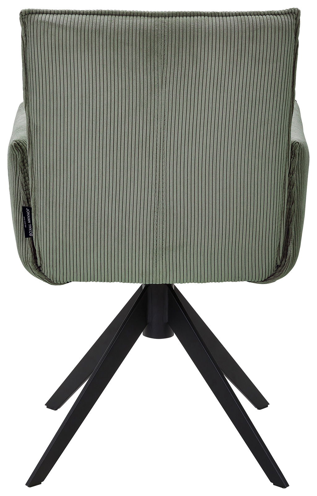 Johann Jakob Armlehnstuhl CALAS Rückansicht eines grünen Armlehnstuhls mit geripptem Stoffbezug und schwarzem Metallgestell.