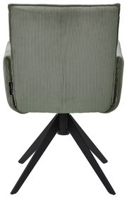 Rückansicht eines grünen Armlehnstuhls mit geripptem Stoffbezug und schwarzem Metallgestell.