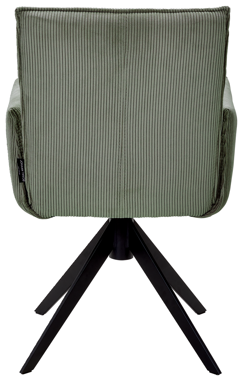 Johann Jakob Armlehnstuhl CALAS Rückansicht eines grünen Armlehnstuhls mit geripptem Stoffbezug und schwarzem Metallgestell.