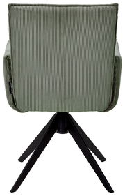 Rückansicht eines grünen Armlehnstuhls mit geripptem Stoffbezug und schwarzem Metallgestell.