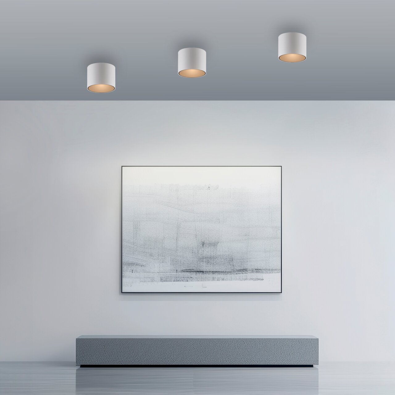 Neuhaus Pure LED-Deckenleuchte PURE POINT Drei zylindrische LED-Deckenleuchten in moderner Raumgestaltung, von unten betrachtet.