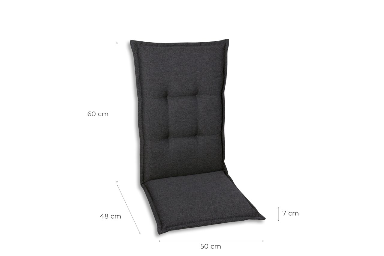 Graue Sesselauflage mit den Maßen 60 cm Höhe, 50 cm Breite und 48 cm Tiefe, seitliche Perspektive