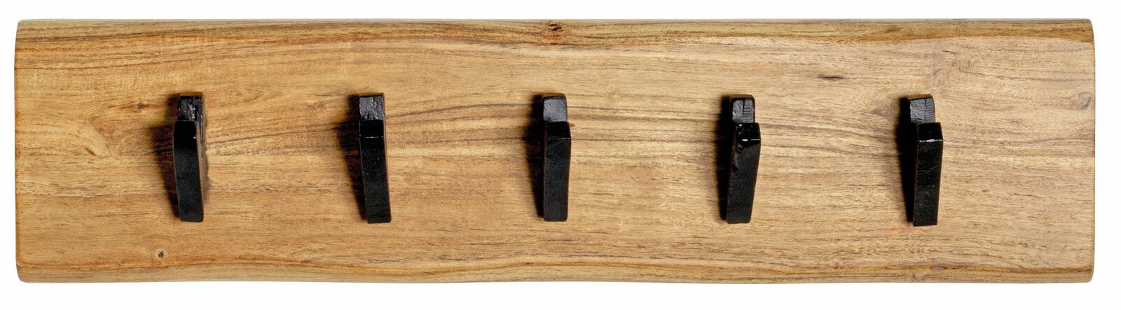 Wandgarderobe aus Holz mit fünf schwarzen Haken, frontal betrachtet.