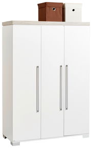 Weißer dreitüriger Kleiderschrank mit zwei Aufbewahrungsboxen auf der Oberseite, Frontalansicht