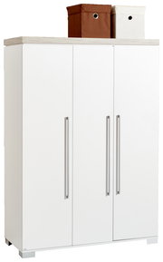 Weißer dreitüriger Kleiderschrank mit zwei Aufbewahrungsboxen auf der Oberseite, Frontalansicht