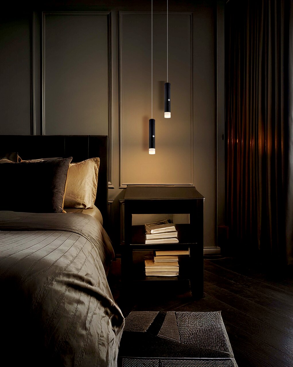 Globo Lighting Akku-Pendelleuchte PELO Moderne Akku-Pendelleuchte in einem stilvollen Schlafzimmer, seitliche Perspektive.