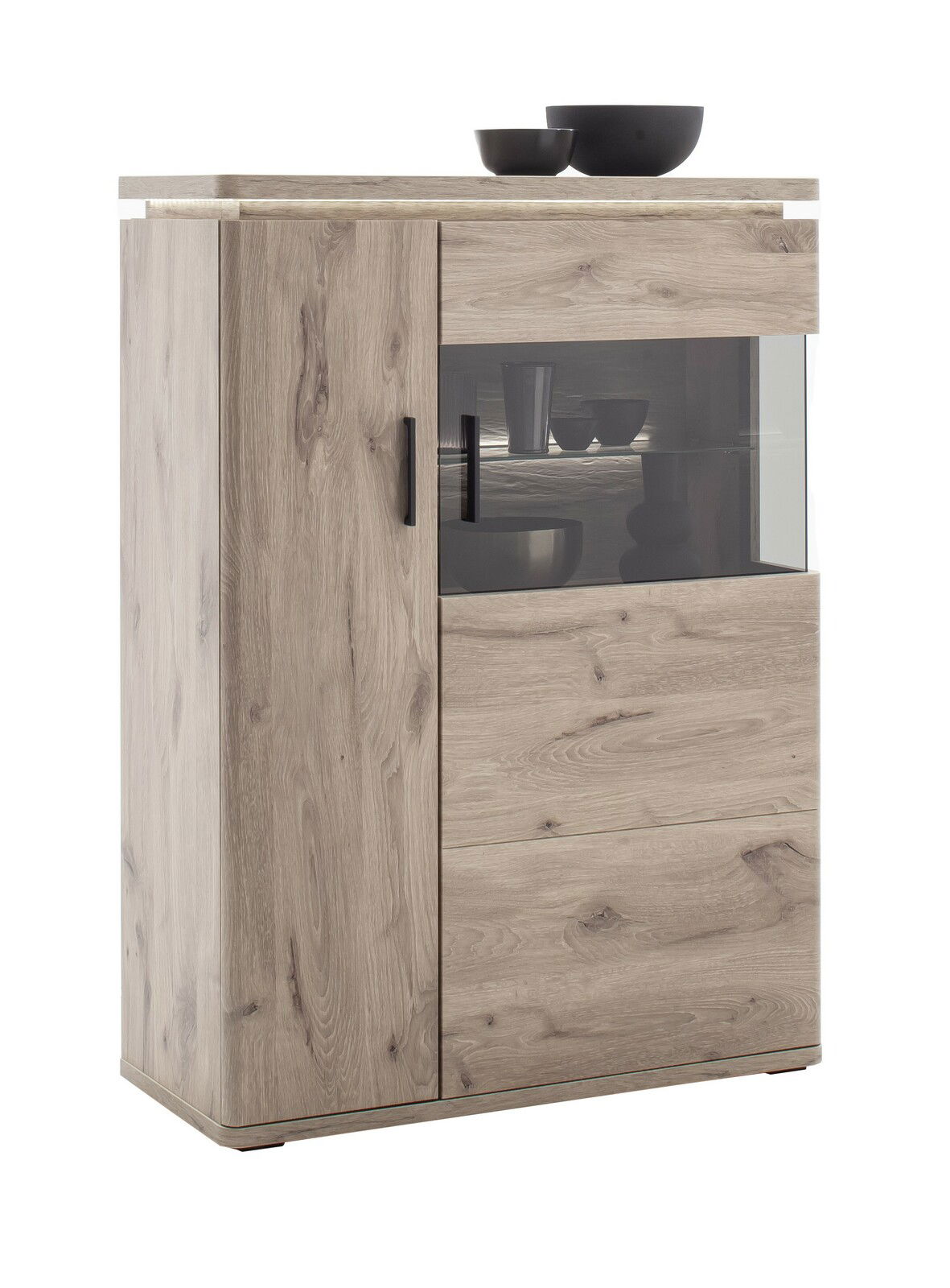 Hochwertiges Highboard aus Holz mit Glaseinsatz, seitliche Perspektive