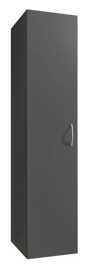 Dunkelgrauer Kleiderschrank mit einer Tür und silbernem Griff, seitliche Perspektive