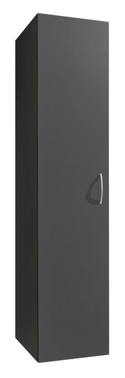 Dunkelgrauer Kleiderschrank mit einer Tür und silbernem Griff, seitliche Perspektive