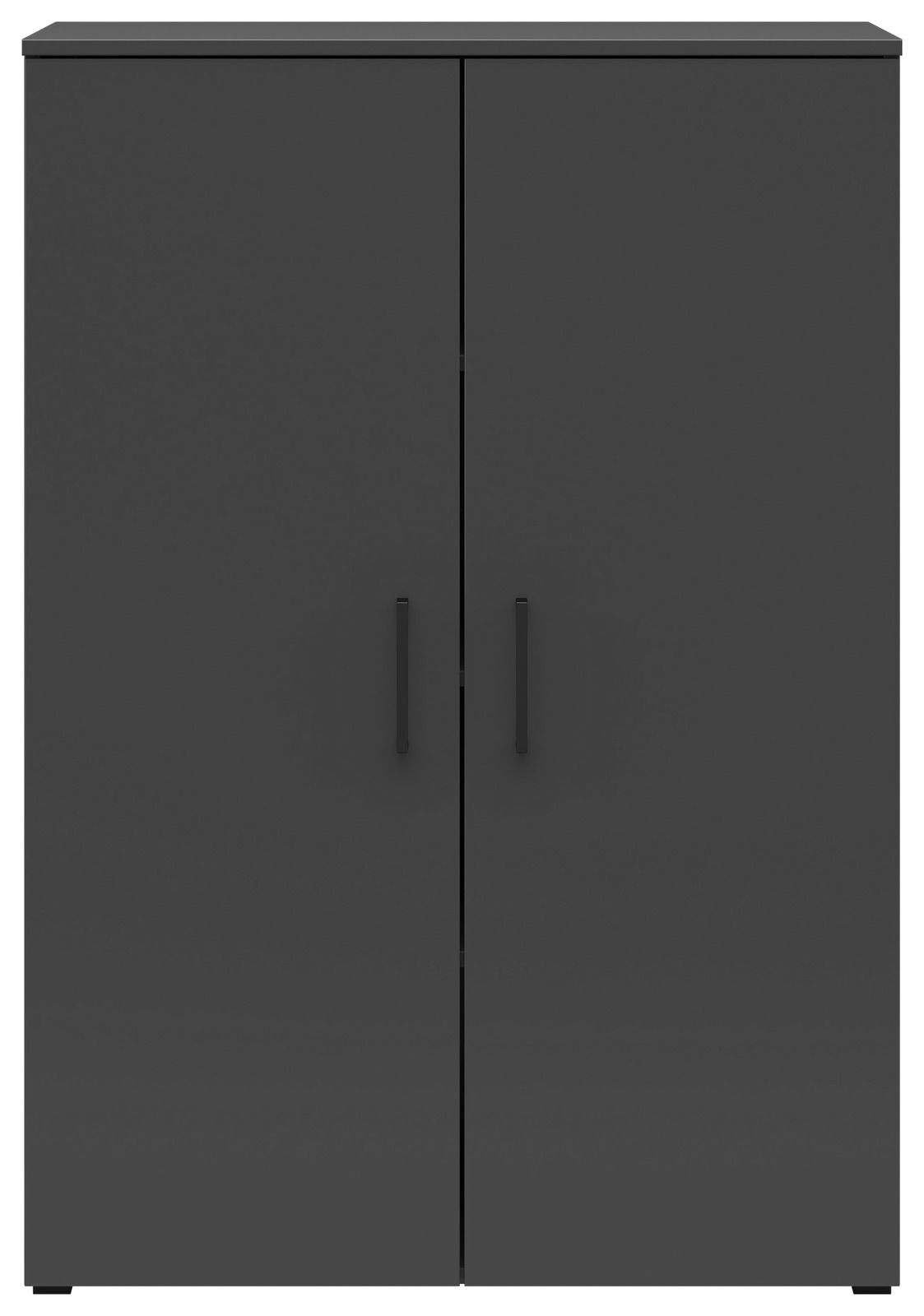 Schwarze Kommode mit zwei Türen und minimalistischen Griffen, Frontalansicht