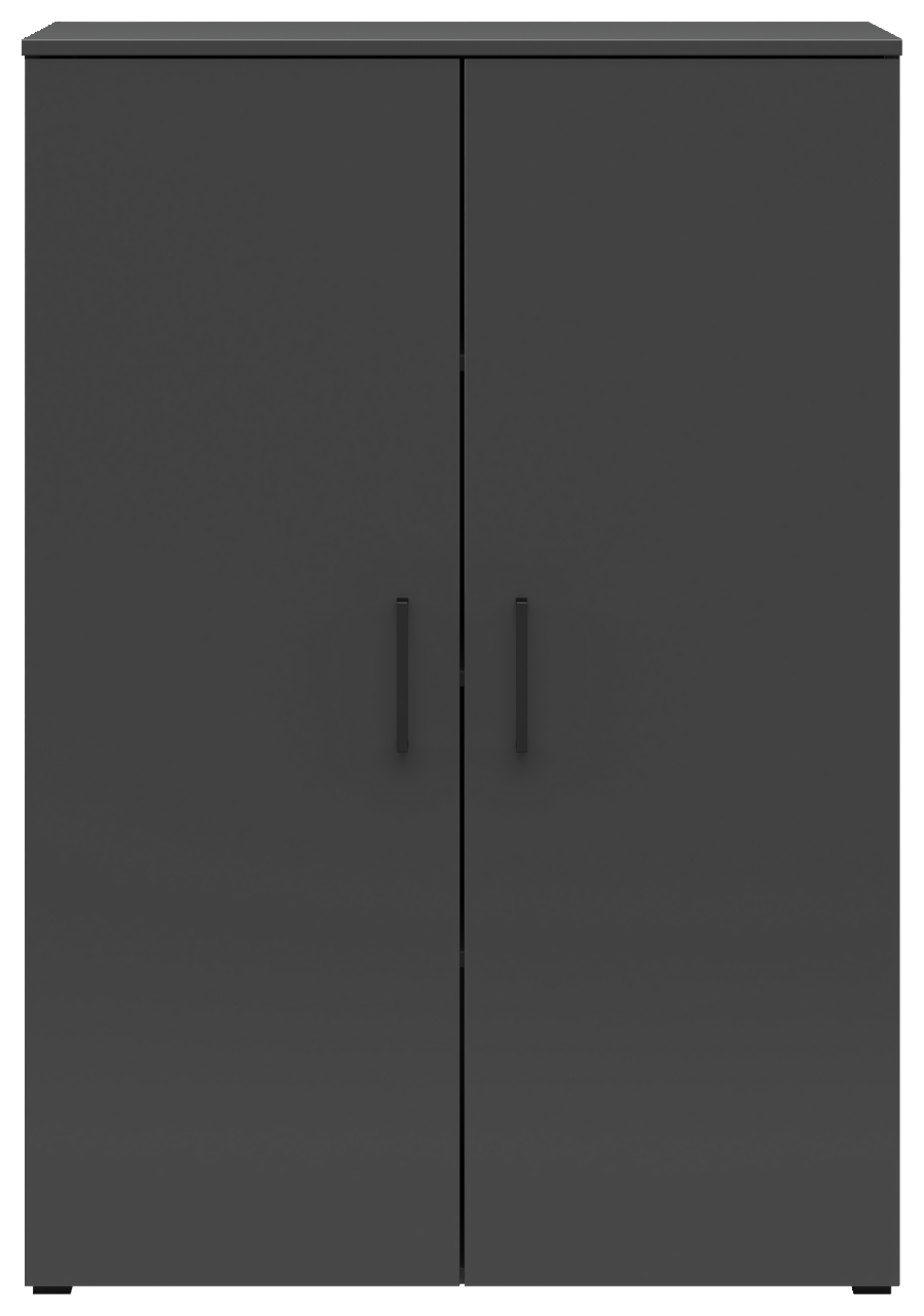 Schwarze Kommode mit zwei Türen und minimalistischen Griffen, Frontalansicht