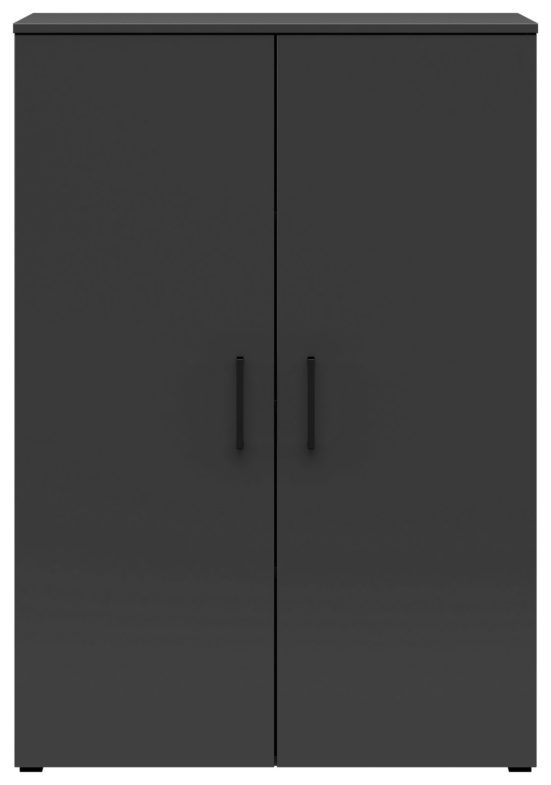 Schwarze Kommode mit zwei Türen und minimalistischen Griffen, Frontalansicht