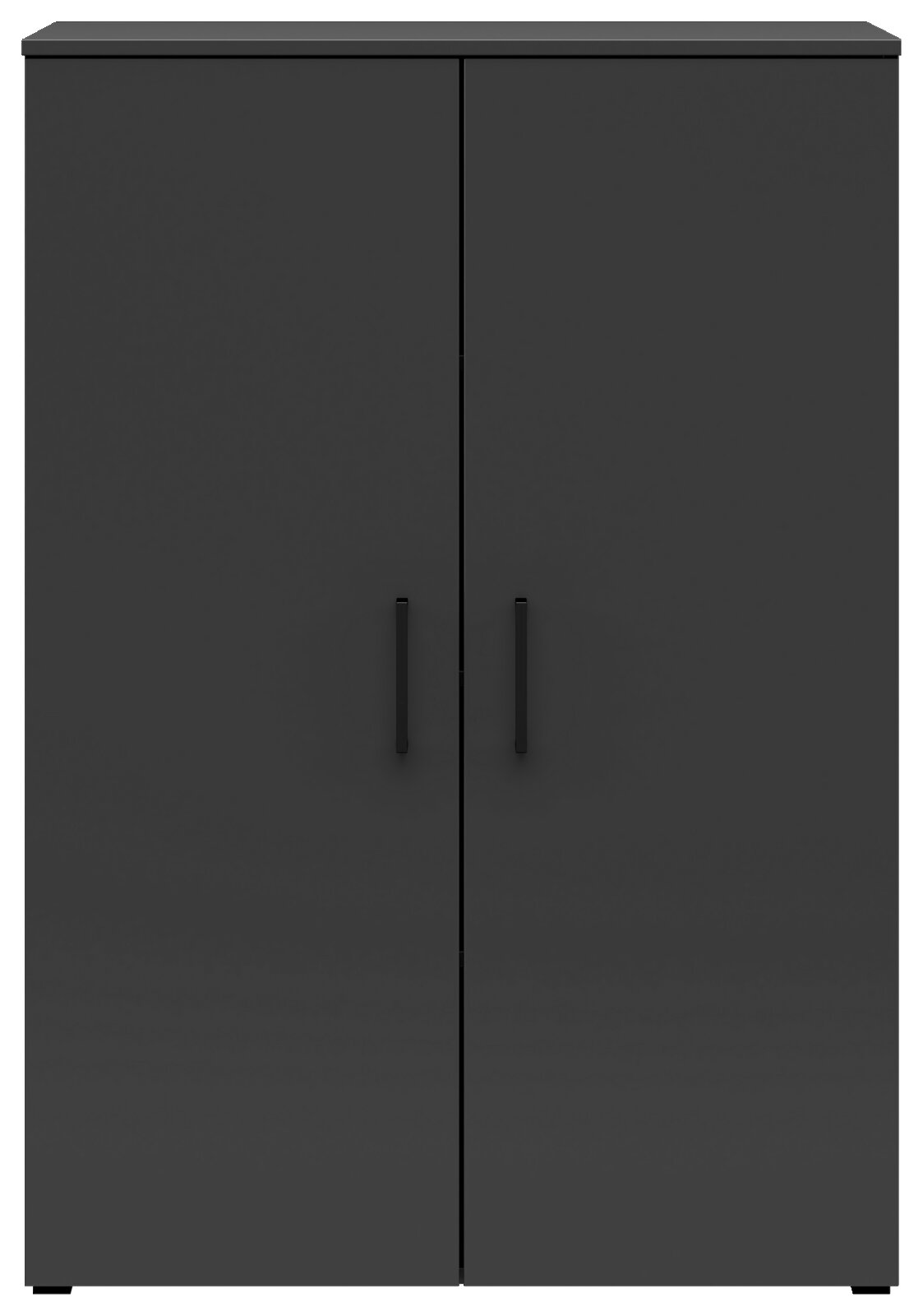 Schwarze Kommode mit zwei Türen und minimalistischen Griffen, Frontalansicht