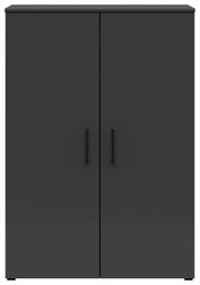 Schwarze Kommode mit zwei Türen und minimalistischen Griffen, Frontalansicht