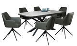 Essgruppe mit rechteckigem Tisch und sechs modernen Armlehnstühlen, seitliche Perspektive