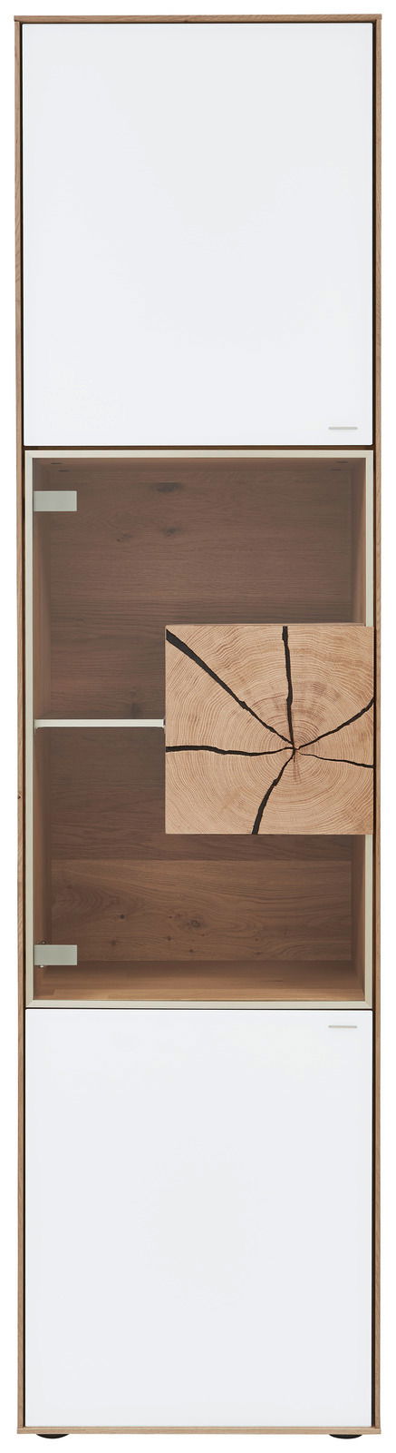 Vitrine Valnatura LAGO in Frontalansicht mit weißem und holzfarbenem Design, Glasfront und dekorativem Holzelement.