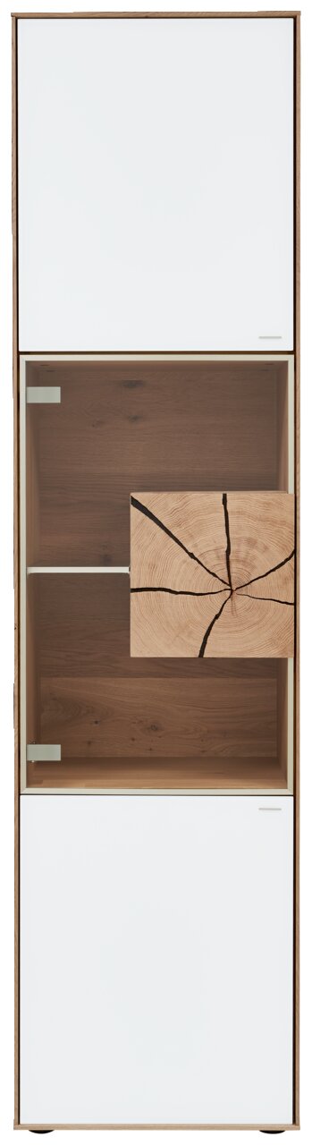 Vitrine Valnatura LAGO in Frontalansicht mit weißem und holzfarbenem Design, Glasfront und dekorativem Holzelement.