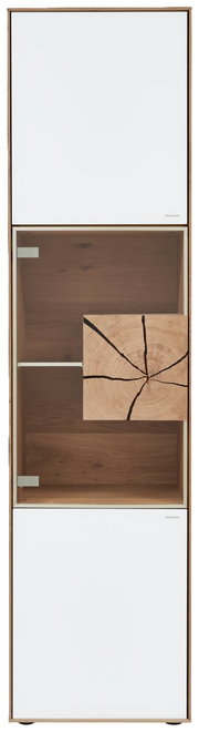Vitrine Valnatura LAGO in Frontalansicht mit weißem und holzfarbenem Design, Glasfront und dekorativem Holzelement.
