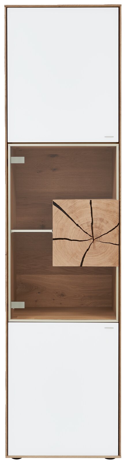 Vitrine Valnatura LAGO in vooraanzicht met een wit en houtkleurig ontwerp, glazen deur en decoratief houten element.