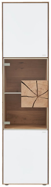 Vitrine Valnatura LAGO in vooraanzicht met een wit en houtkleurig ontwerp, glazen deur en decoratief houten element.
