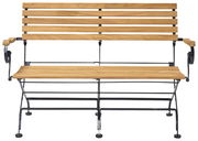 Vorderansicht einer klappbaren Gartenbank aus Holz und Metall mit Armlehnen.