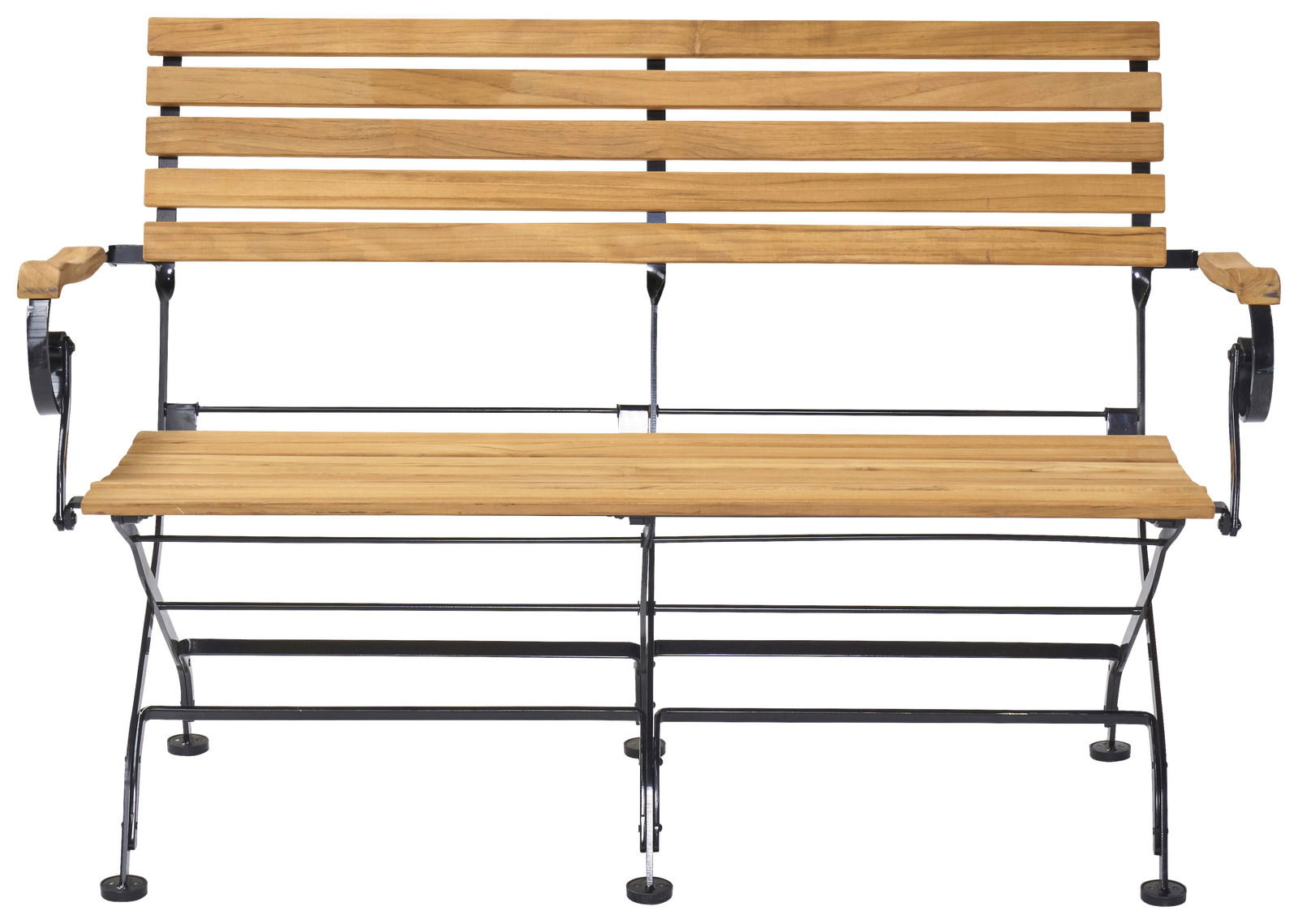 Vorderansicht einer klappbaren Gartenbank aus Holz und Metall mit Armlehnen.