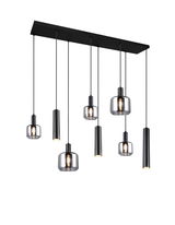 Moderne Pendelleuchte mit sieben hängenden Lampen in verschiedenen Formen, aus schwarzem Metall und Glas, seitliche Perspektive.