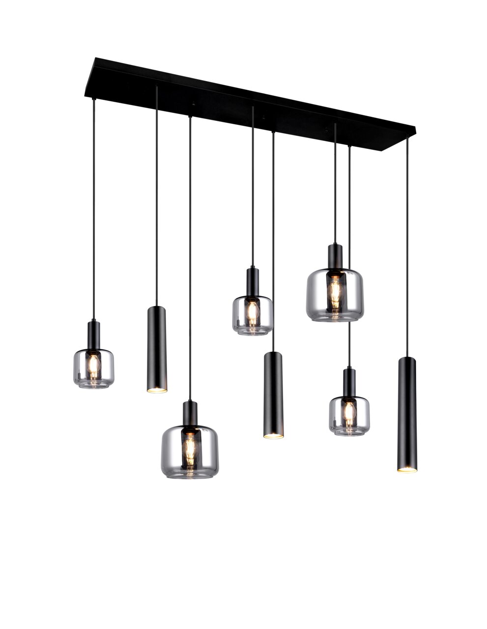 Trio Leuchten Pendelleuchte MATARO Moderne Pendelleuchte mit sieben hängenden Lampen in verschiedenen Formen, aus schwarzem Metall und Glas, seitliche Perspektive.