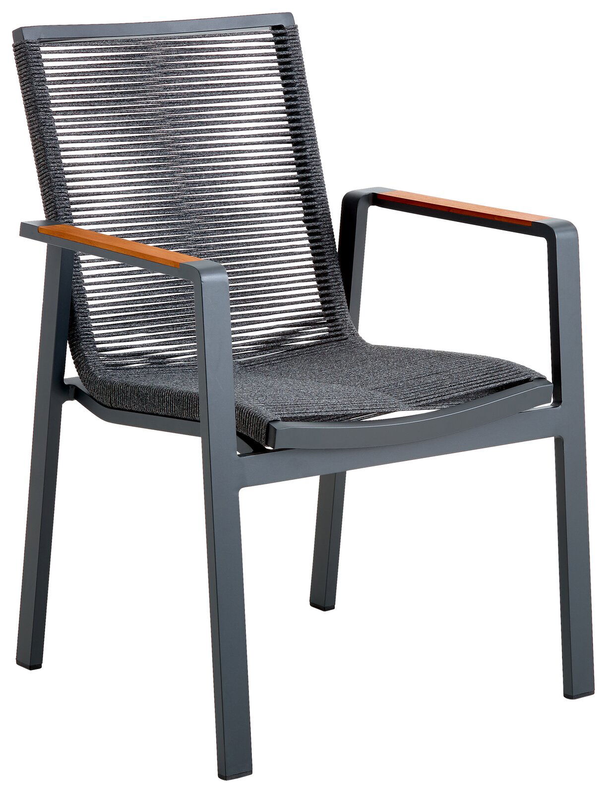 Amatio Stapelsessel LA SPEZIA Moderner Stapelsessel mit grauem Metallrahmen und geflochtener Sitzfläche, seitliche Perspektive