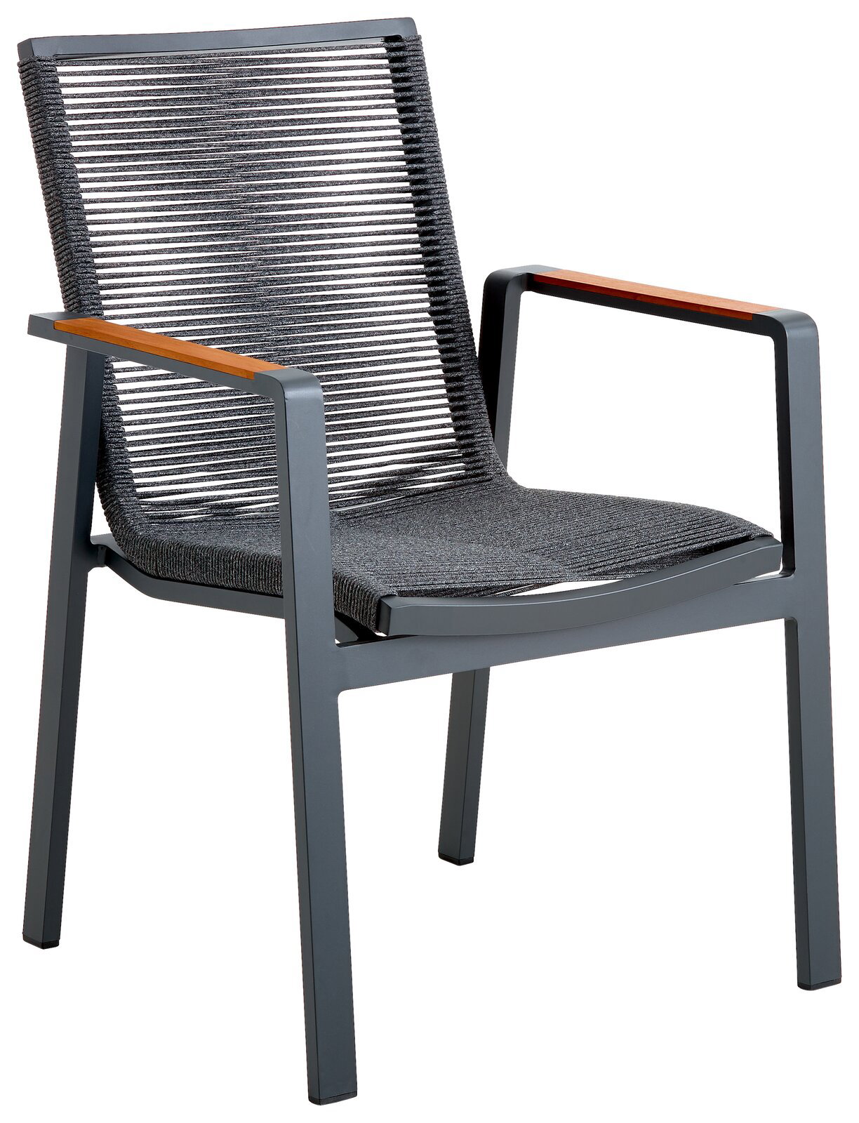 Amatio Stapelsessel LA SPEZIA Moderner Stapelsessel mit grauem Metallrahmen und geflochtener Sitzfläche, seitliche Perspektive