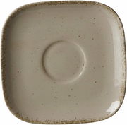 Graue quadratische Untertasse mit abgerundeten Ecken und gesprenkeltem Design, Draufsicht