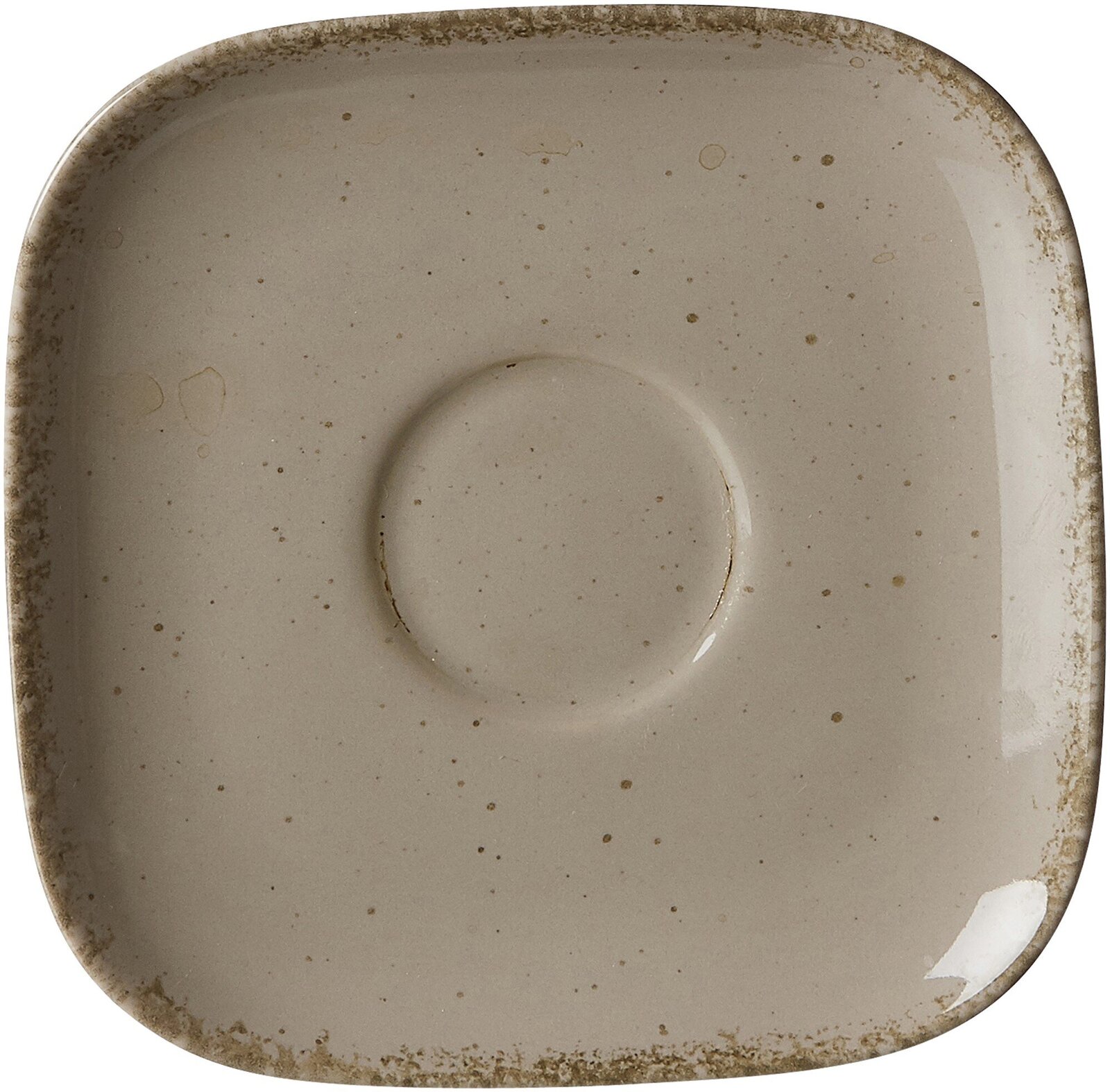 Graue quadratische Untertasse mit abgerundeten Ecken und gesprenkeltem Design, Draufsicht