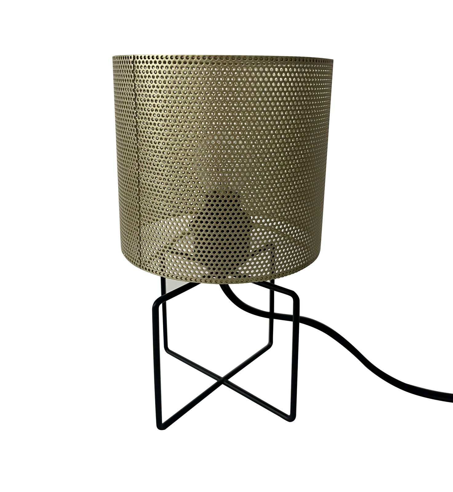 Moderne Tischleuchte mit perforiertem, zylindrischem Metallschirm und schwarzem Drahtgestell, seitliche Perspektive