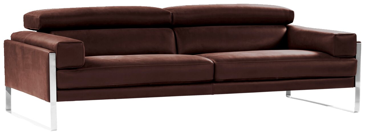 Modernes braunes Ledersofa mit Metallbeinen, seitliche Perspektive