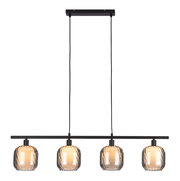 Moderne Hängeleuchte mit vier kugelförmigen, geriffelten Glasschirmen in Frontalansicht.