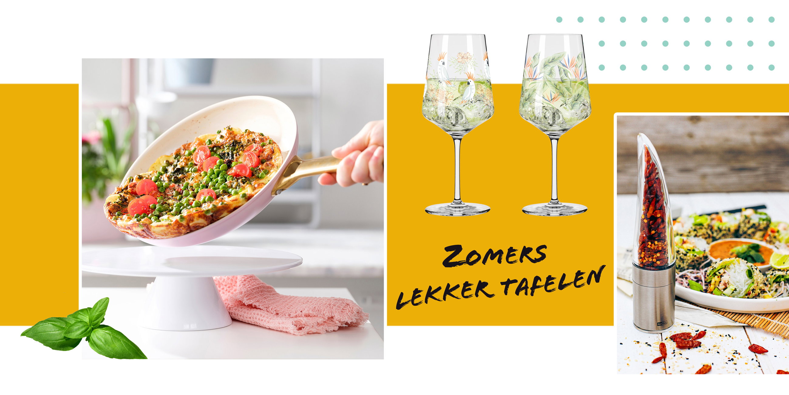Zomerse keuken met een rijkgevulde pan, stijlvolle wijnglazen en kruidenmolen – zomers genieten