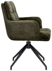 Seitenansicht eines grünen Armlehnstuhls mit geripptem Stoffbezug und schwarzem Metallgestell.