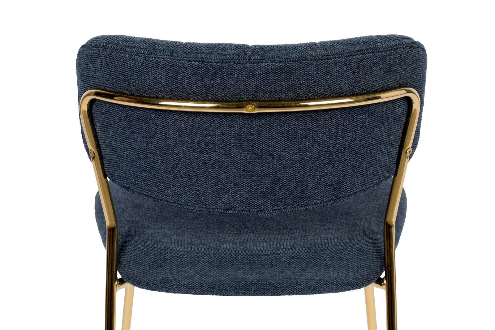 Rückansicht eines Stuhls mit blauem Stoffbezug und goldfarbenem Metallrahmen.