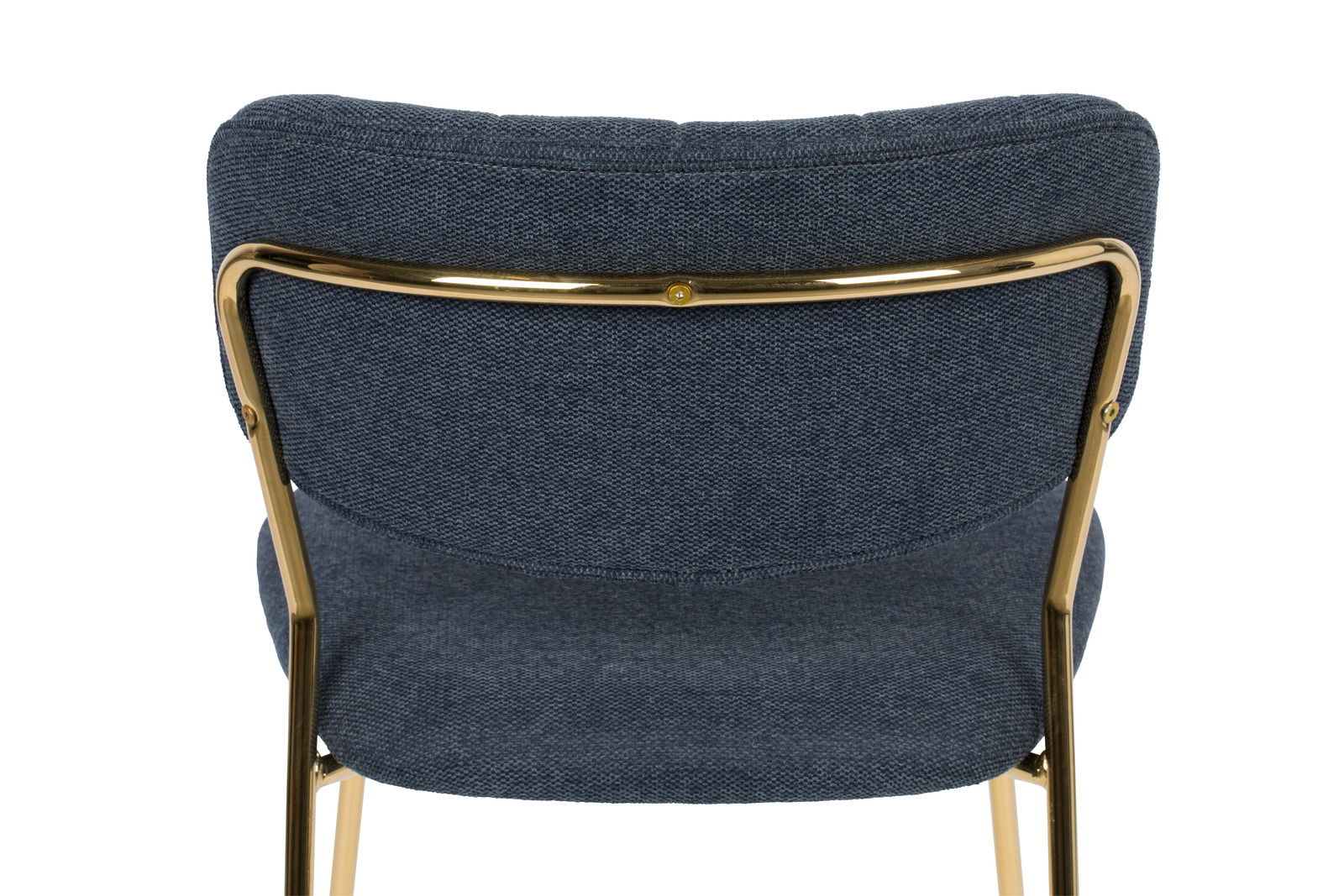 Rückansicht eines Stuhls mit blauem Stoffbezug und goldfarbenem Metallrahmen.