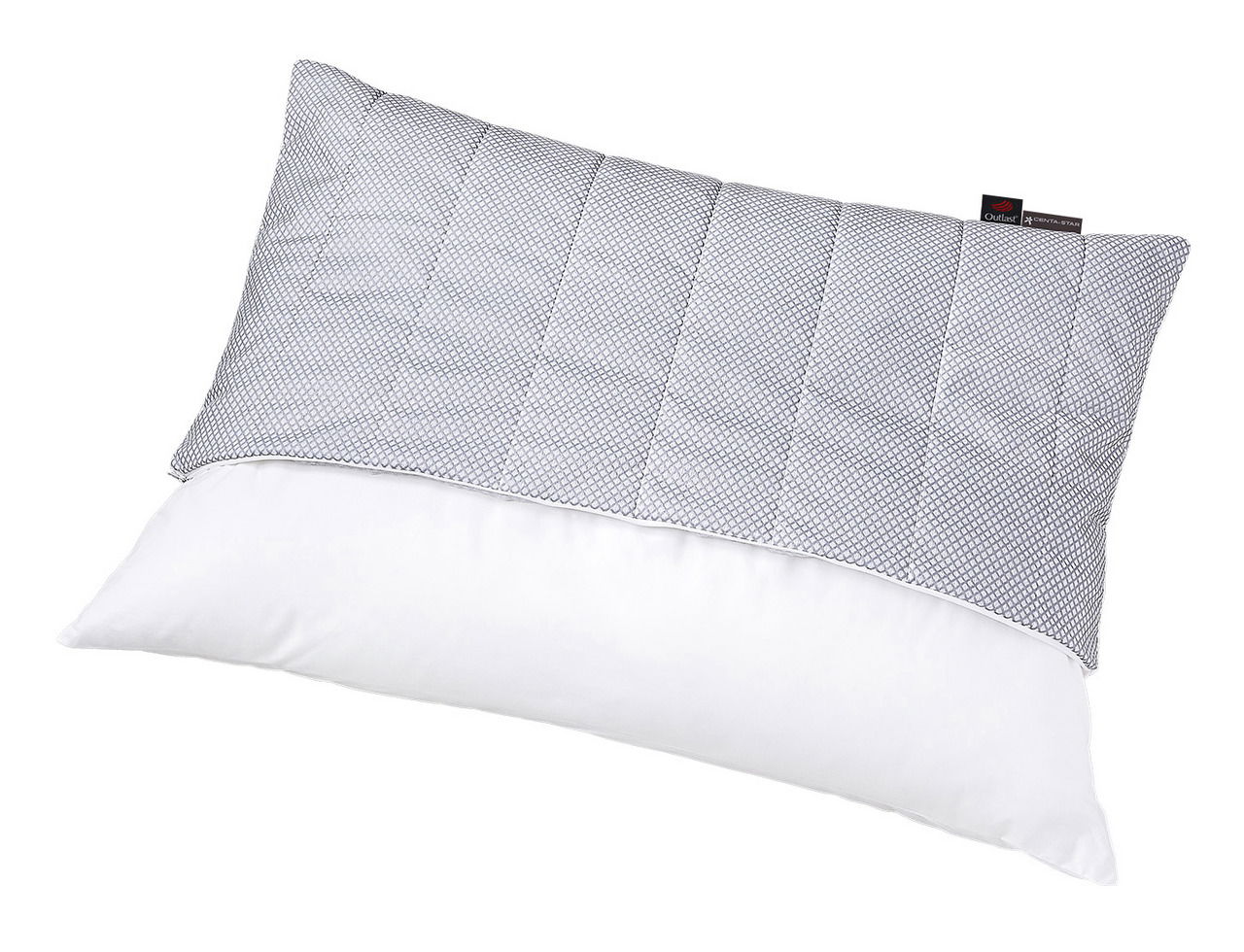 Centa Star Kopfkissen gesteppt FAMOUS Gestepptes Kissen 40x80cm in schräger Perspektive, obere Hälfte mit grauem Muster, untere Hälfte weiß.
